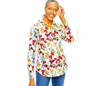 TALBOTS-floral White and Red Long Sleeve Button Down Shirt with Notched Collar